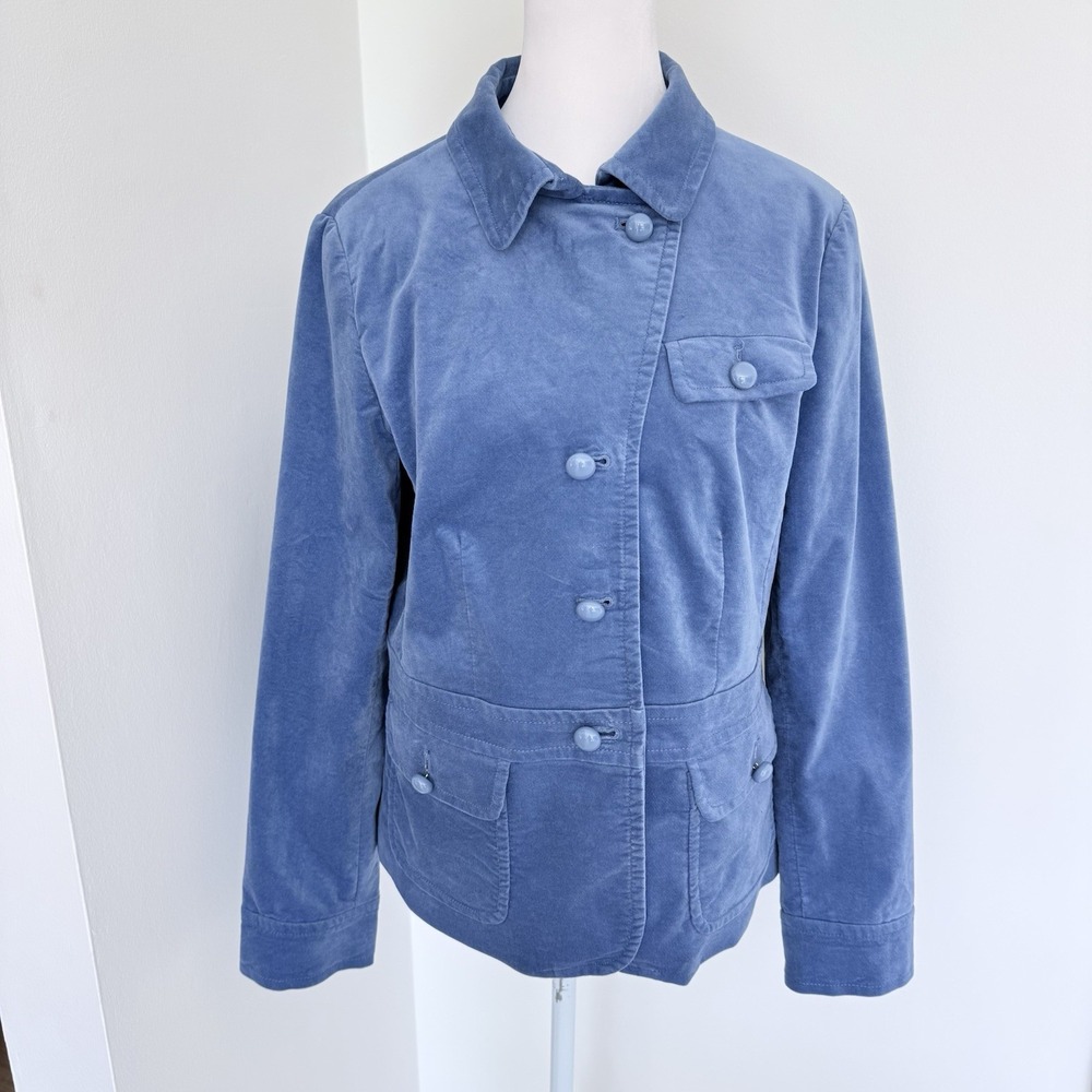 Talbots Blue Velvet Velour Peplum Jacket Blazer Size 12 Academia Cottage Preppy